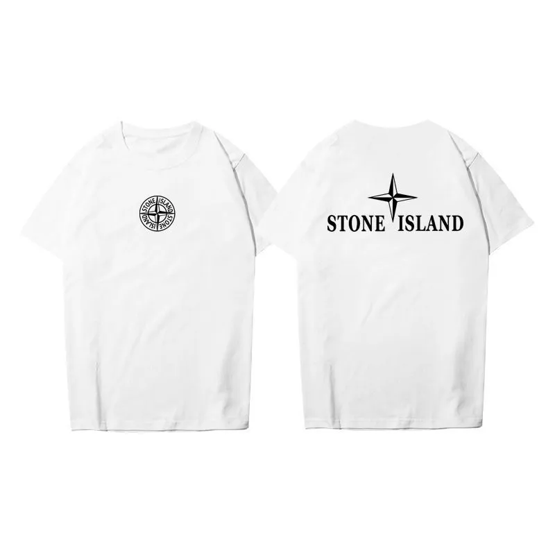 W610#P110💰 Stone Island logo printed front and back short-sleeved men's and women's loose casual T-shirts. Made of 260g combed cotton with 32-count double yarn. Double-threaded two-needle pressed thread. No deformation after long-term washing. Imported 3D printing. No fading. No cracking. Authentic pattern making. Double tags washed. Original packaging. Color: black-white. Size M-XXL.